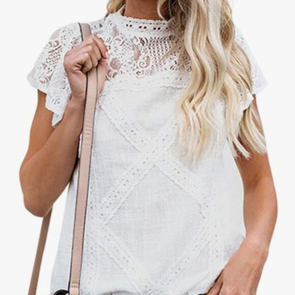 Lace Short Sleeve Mock Neck White Blouse - Picture 1 of 14